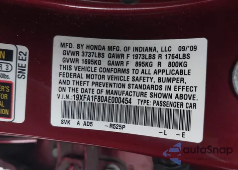 2010 Honda Civic Ex из США, поврежденный, VIN 19XFA1F80AE000454